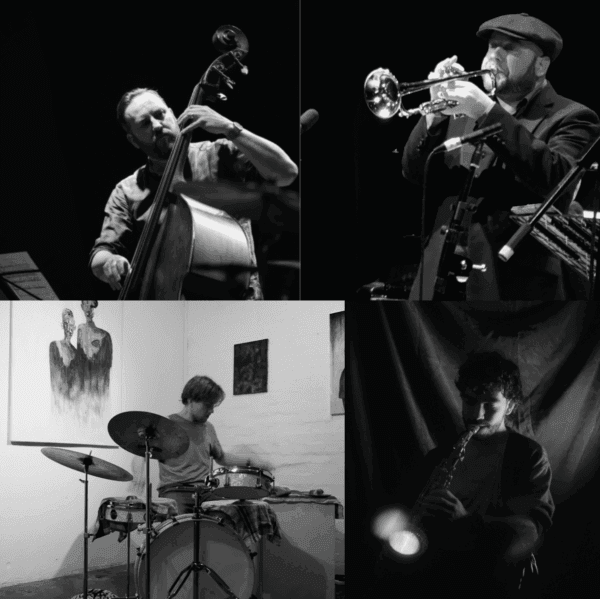 composite monochrome image of four musicians