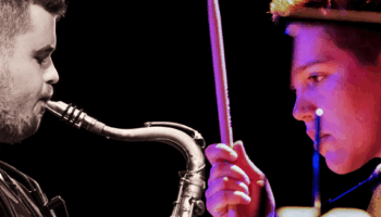 composite image of Keeble with saxophone and Finn with drum stick