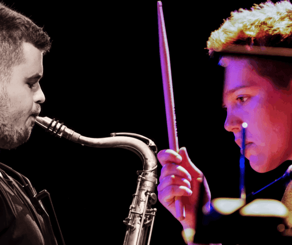 composite image of Keeble with saxophone and Finn with drum stick